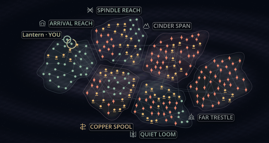 The game's galaxy chart in monochrome: six regions with stars and connecting gate routes.
